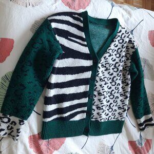 green cardigan with black and white animal prints, size S